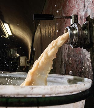 Vanne de cuve de vin ouverte déversant du vin dans une bassine