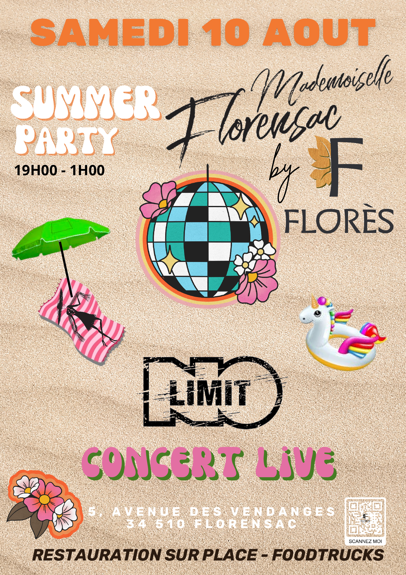 Affiche de la Summer Party à la Cave Coopérative de Florès à Florensac le samedi 10 août, avec musique live, food trucks et ambiance festive.